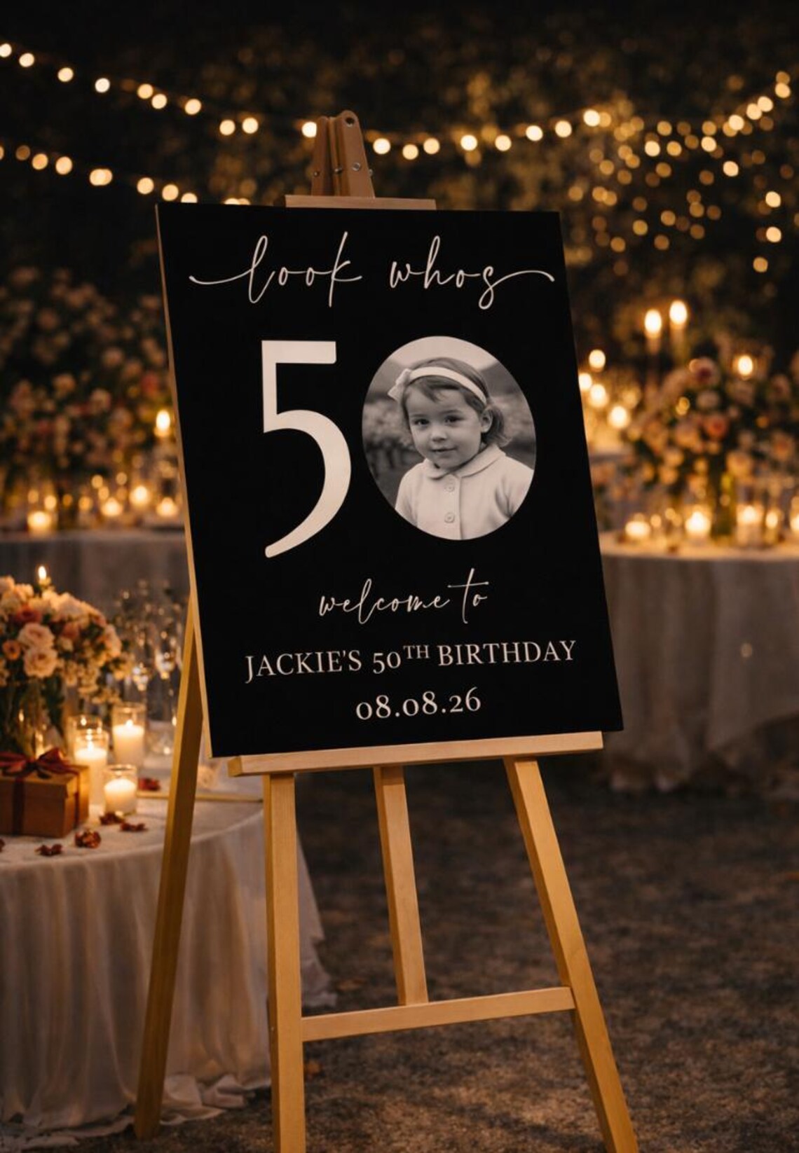 personalised birthday welcome sign with photo (black background)
