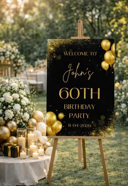 Personalised BLACK GOLD BIRTHDAY Welcome Sign Foam Board Milestone Party Décor
