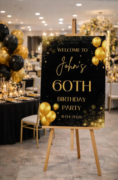 Personalised BLACK GOLD BIRTHDAY Welcome Sign Foam Board Milestone Party Décor