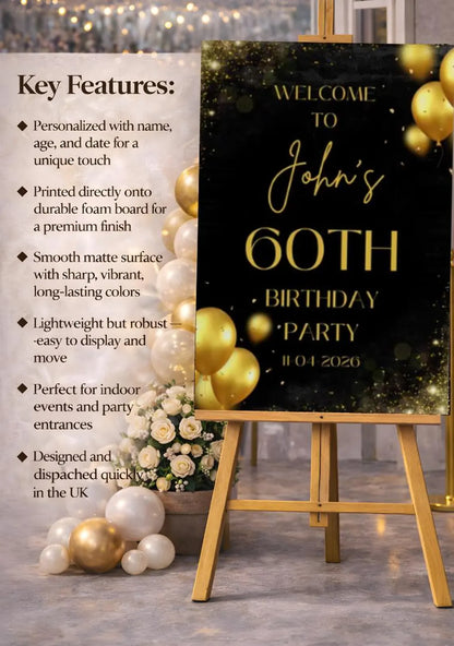 Personalised BLACK GOLD BIRTHDAY Welcome Sign Foam Board Milestone Party Décor