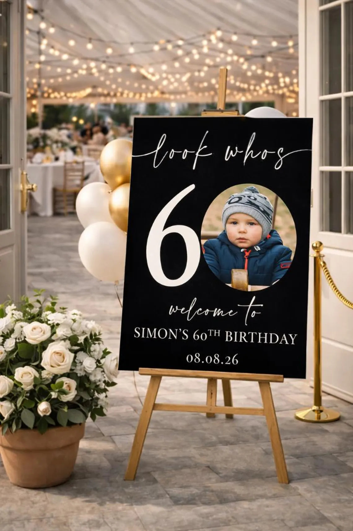 personalised birthday welcome sign with photo (black background)