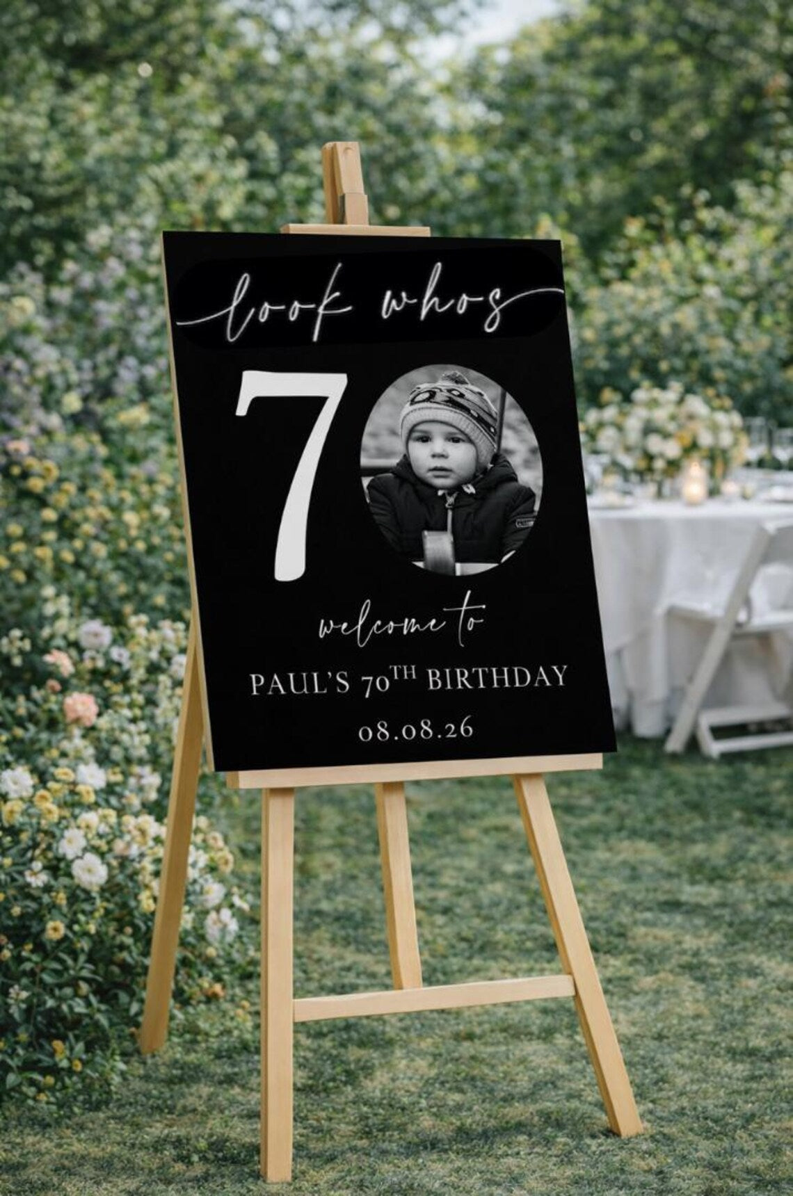 personalised birthday welcome sign with photo (black background)