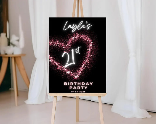BLACK PINK GLITTER Heart Birthday Welcome Sign: Custom Milestone Adult Party Board