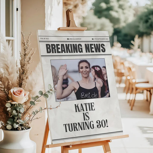 Personalised BREAKING NEWS BIRTHDAY Sign: Newspaper Effect Foamboard Party Décor
