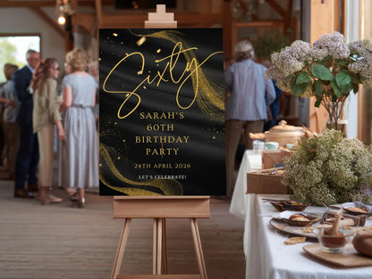 Personalised BIRTHDAY WELCOME SIGN: Custom Milestone Black Gold Glitter Birthday Board, Indoor Decoration