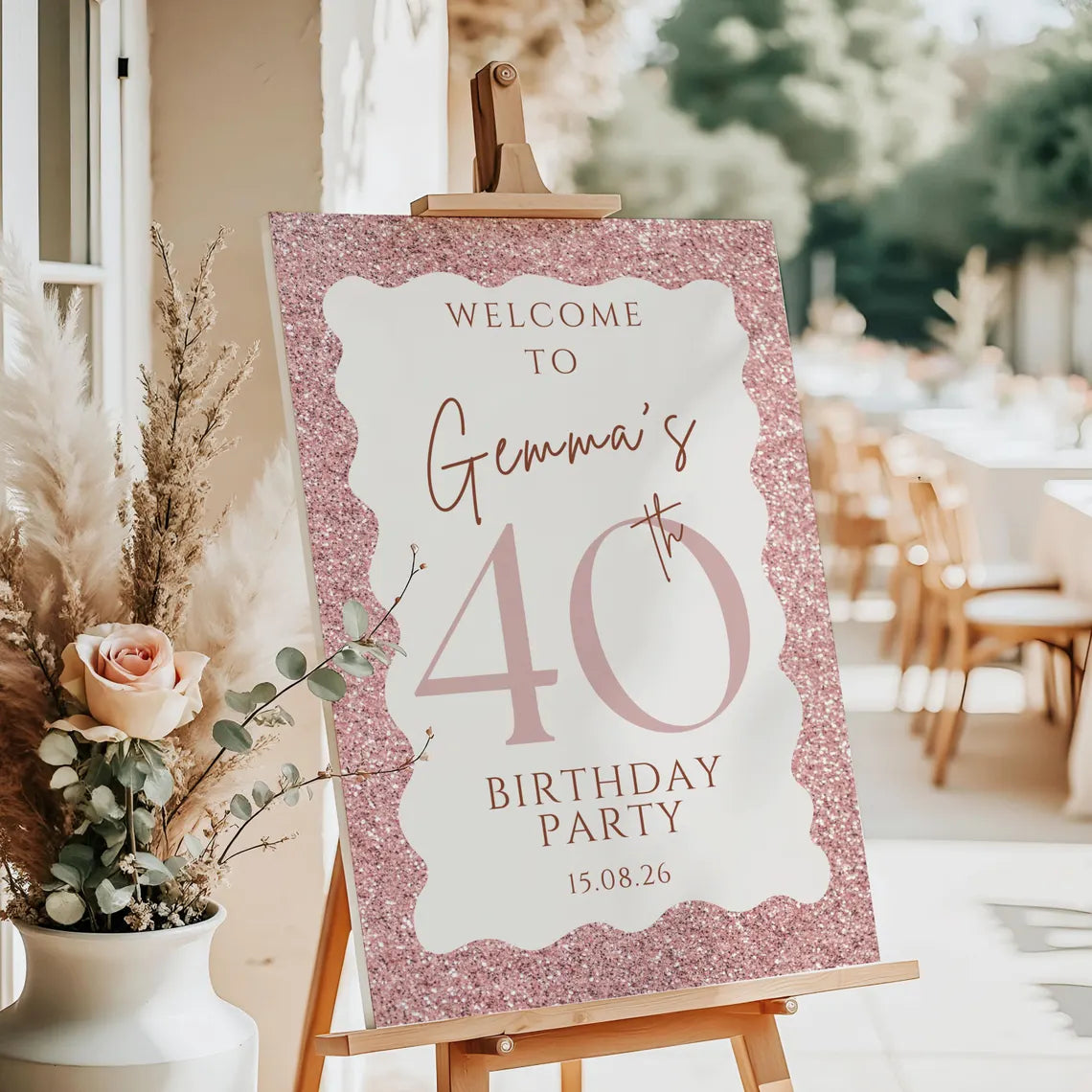 personalised 40th birthday sign: pink glitter welcome board for milestone party décor
