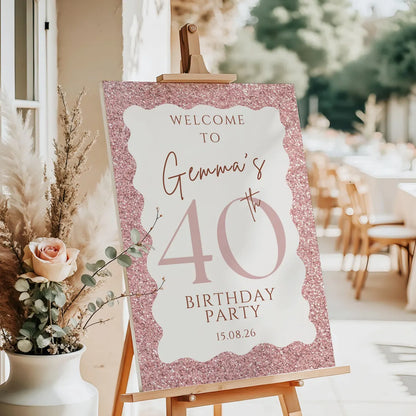 Personalised 40TH BIRTHDAY SIGN: Pink Glitter Welcome Board For Milestone Party Décor