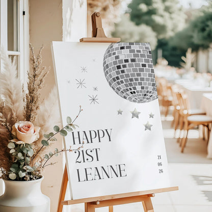 Personalised BIRTHDAY WELCOME SIGN: Custom Birthday Board with silver disco ball, Indoor Printed Decoration