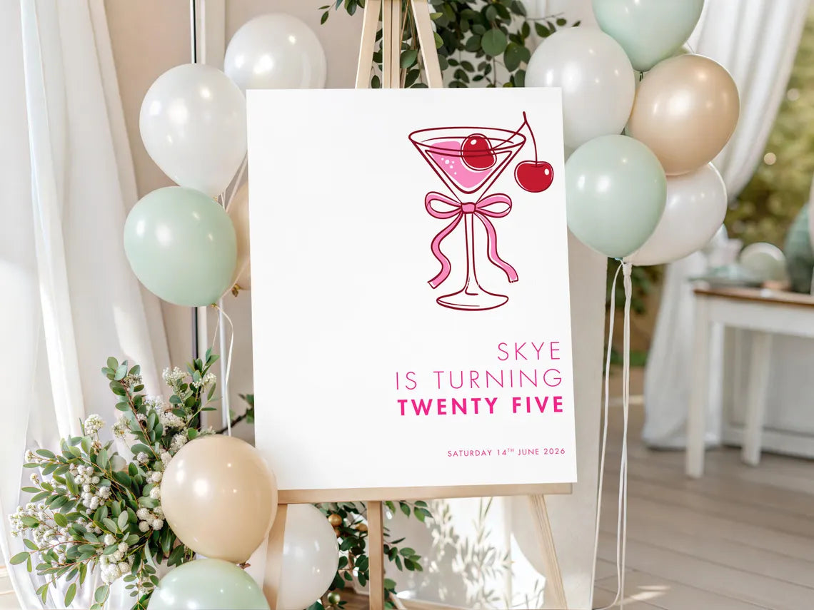 personalised pink martini birthday welcome sign board for milestone party décor