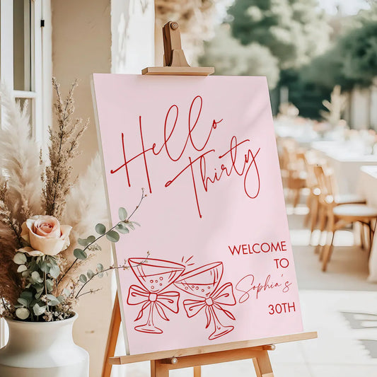 Personalised 30th BIRTHDAY WELCOME SIGN: Custom Pink & Red Foam Board Décor