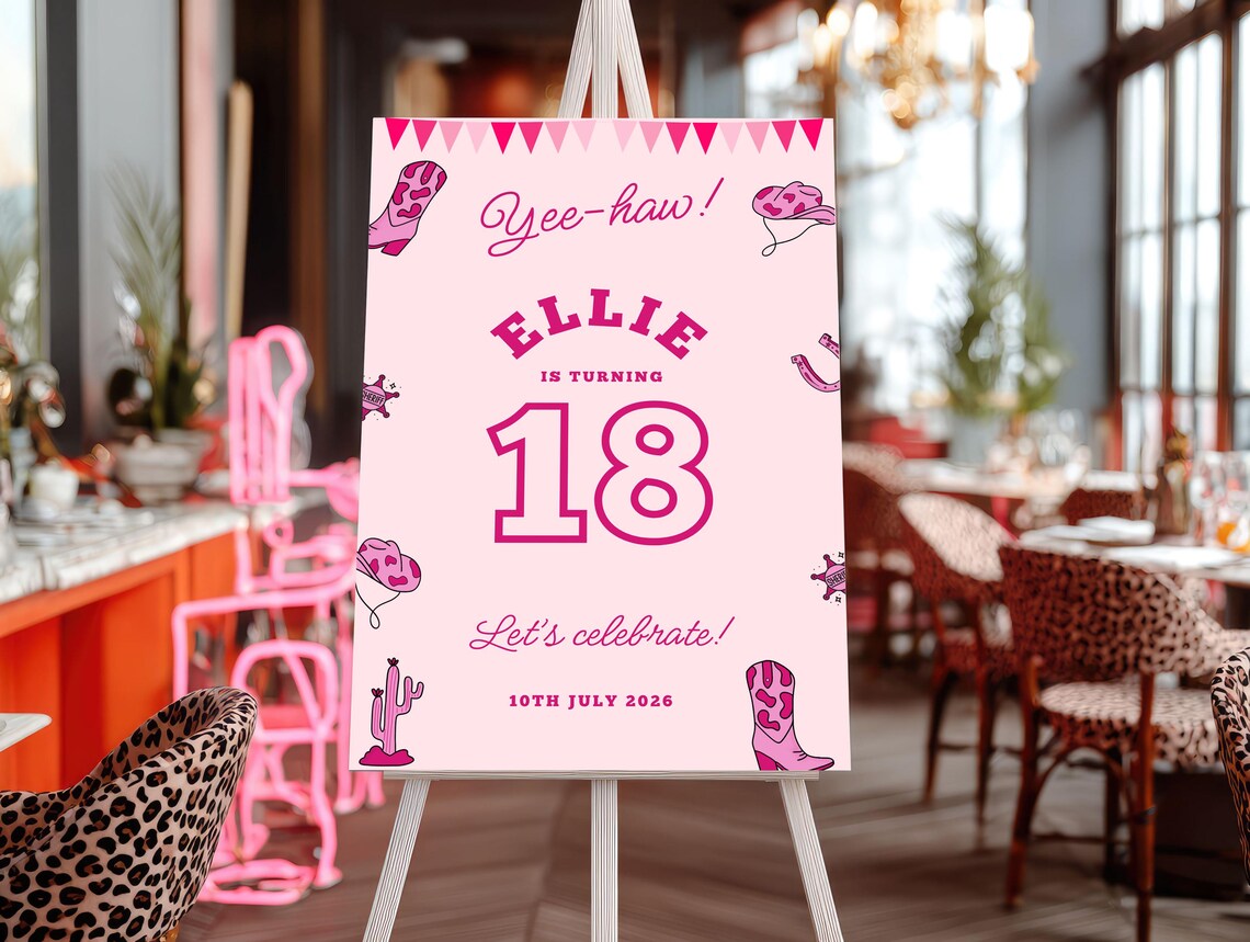 personalised birthday welcome sign: pink cowgirl foam board party décor