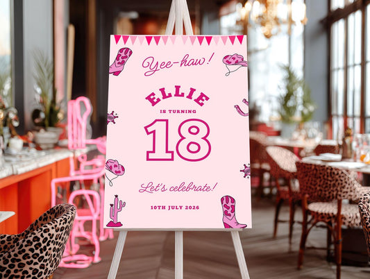 Personalised BIRTHDAY WELCOME SIGN: Pink Cowgirl Foam Board Party Décor