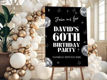 Personalised BIRTHDAY WELCOME SIGN: Disco Ball Party Board – Retro Neon Décor