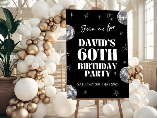 Personalised BIRTHDAY WELCOME SIGN: Disco Ball Party Board – Retro Neon Décor