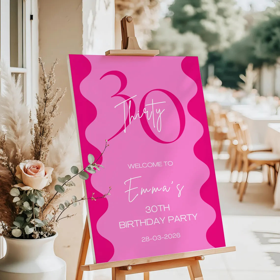 hot pink wavy birthday welcome sign: personalised foam board party entrance décor