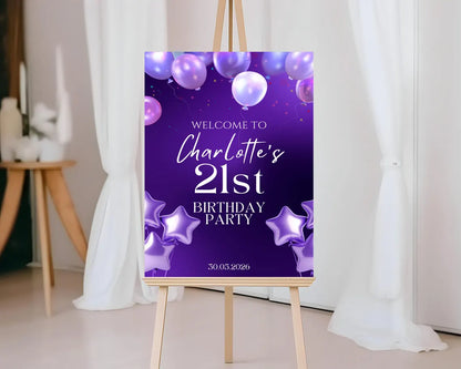 Personalised PURPLE BALLOON BIRTHDAY Welcome Sign: Foam Board Party Entrance Décor
