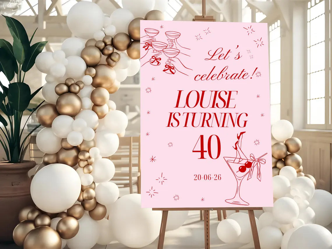 personalised birthday welcome sign: pink red cocktail party foamboard décor