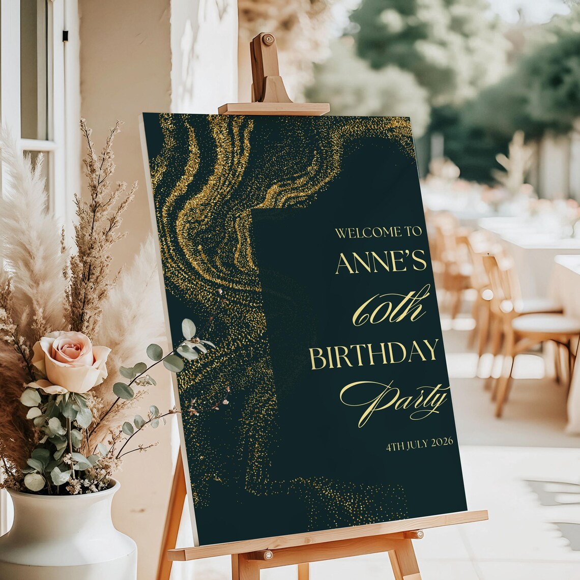 personalised birthday welcome sign – emerald green & gold party board – elegant milestone birthday sign – luxury foam board décor