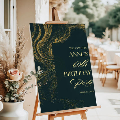 Personalised Birthday Welcome Sign – Emerald Green & Gold Party Board – Elegant Milestone Birthday Sign – Luxury Foam Board Décor