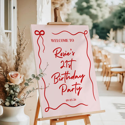 Personalised Birthday Welcome Sign – Pink & Red Bow Party Board – Modern Bow Birthday Sign – Custom Milestone Foam Board Decor