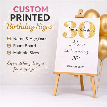 Personalised Cream And Gold Glitter BIRTHDAY WELCOME SIGN For Milestone Party Décor