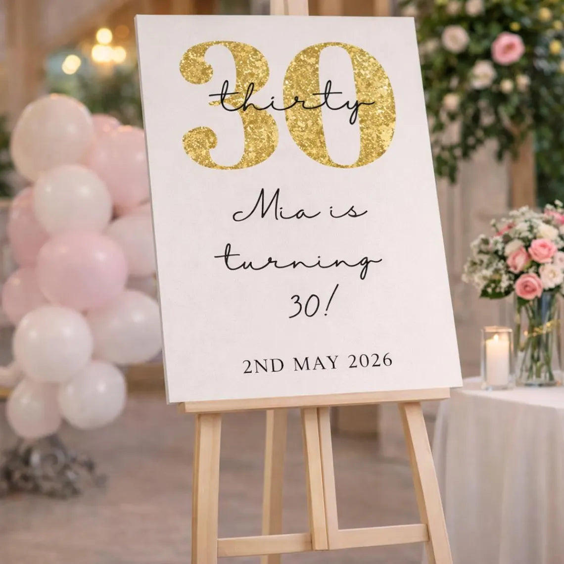 personalised cream and gold glitter birthday welcome sign for milestone party décor