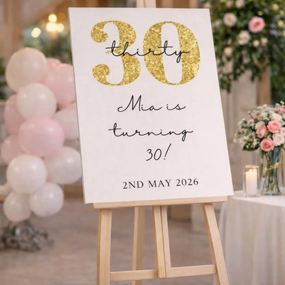 Personalised Cream And Gold Glitter BIRTHDAY WELCOME SIGN For Milestone Party Décor