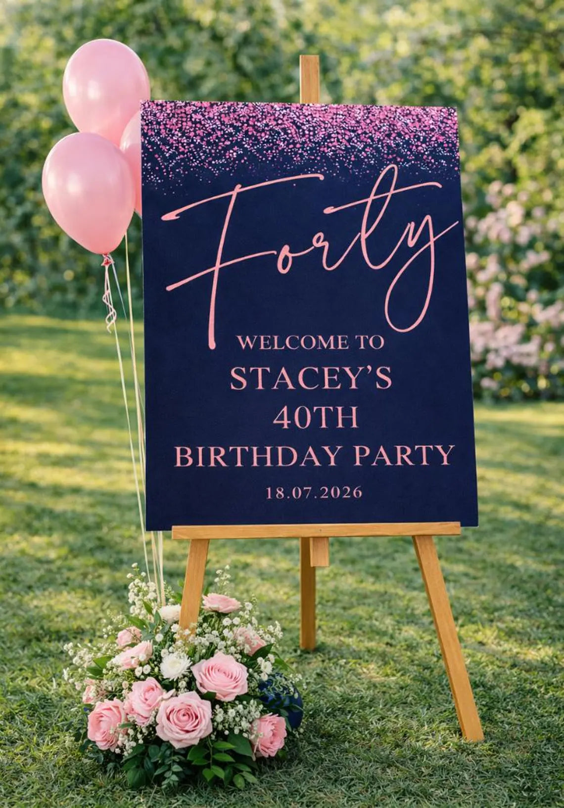 personalised birthday welcome sign: custom navy & pink glitter milestone birthday board indoor decoration