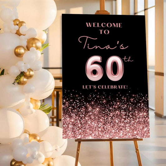 Personalised BIRTHDAY WELCOME SIGN: Custom Pink Glitter Milestone  Birthday Board, Indoor Decoration
