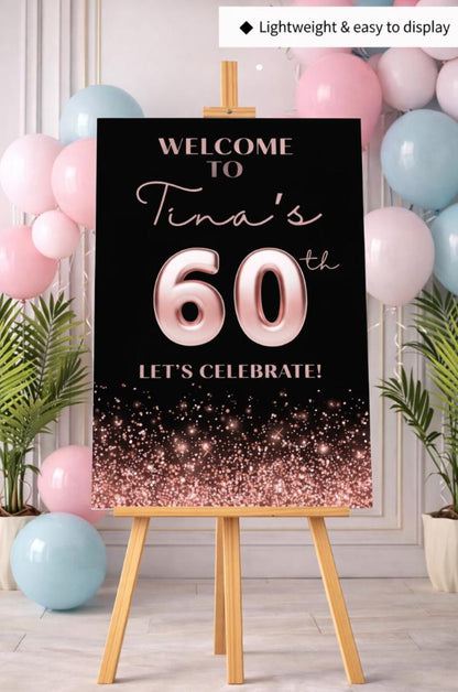 Personalised BIRTHDAY WELCOME SIGN: Custom Pink Glitter Milestone  Birthday Board, Indoor Decoration