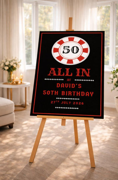 Personalised CASINO POKER BIRTHDAY Welcome Sign: Custom Name All In Party Board