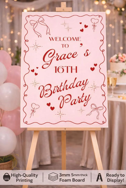 Personalised BIRTHDAY WELCOME SIGN: Custom Name Party Board With Pink Red Bow Hearts