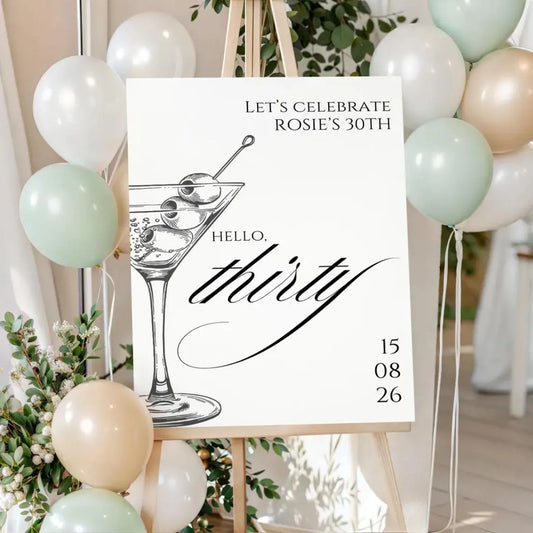 Personalised BIRTHDAY WELCOME SIGN: Custom Martini Cocktail Party 30th Birthday Board, Indoor Celebration