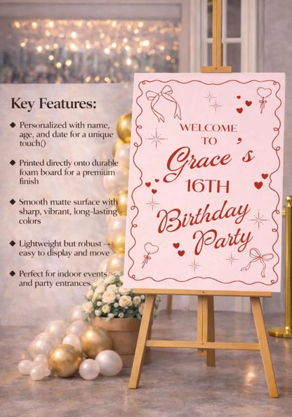Personalised BIRTHDAY WELCOME SIGN: Custom Name Party Board With Pink Red Bow Hearts