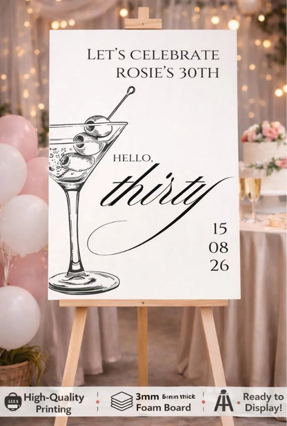 Personalised BIRTHDAY WELCOME SIGN: Custom Martini Cocktail Party 30th Birthday Board, Indoor Celebration
