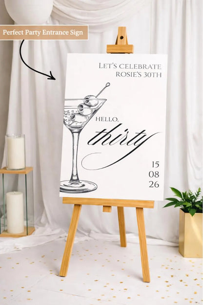 Personalised BIRTHDAY WELCOME SIGN: Custom Martini Cocktail Party 30th Birthday Board, Indoor Celebration