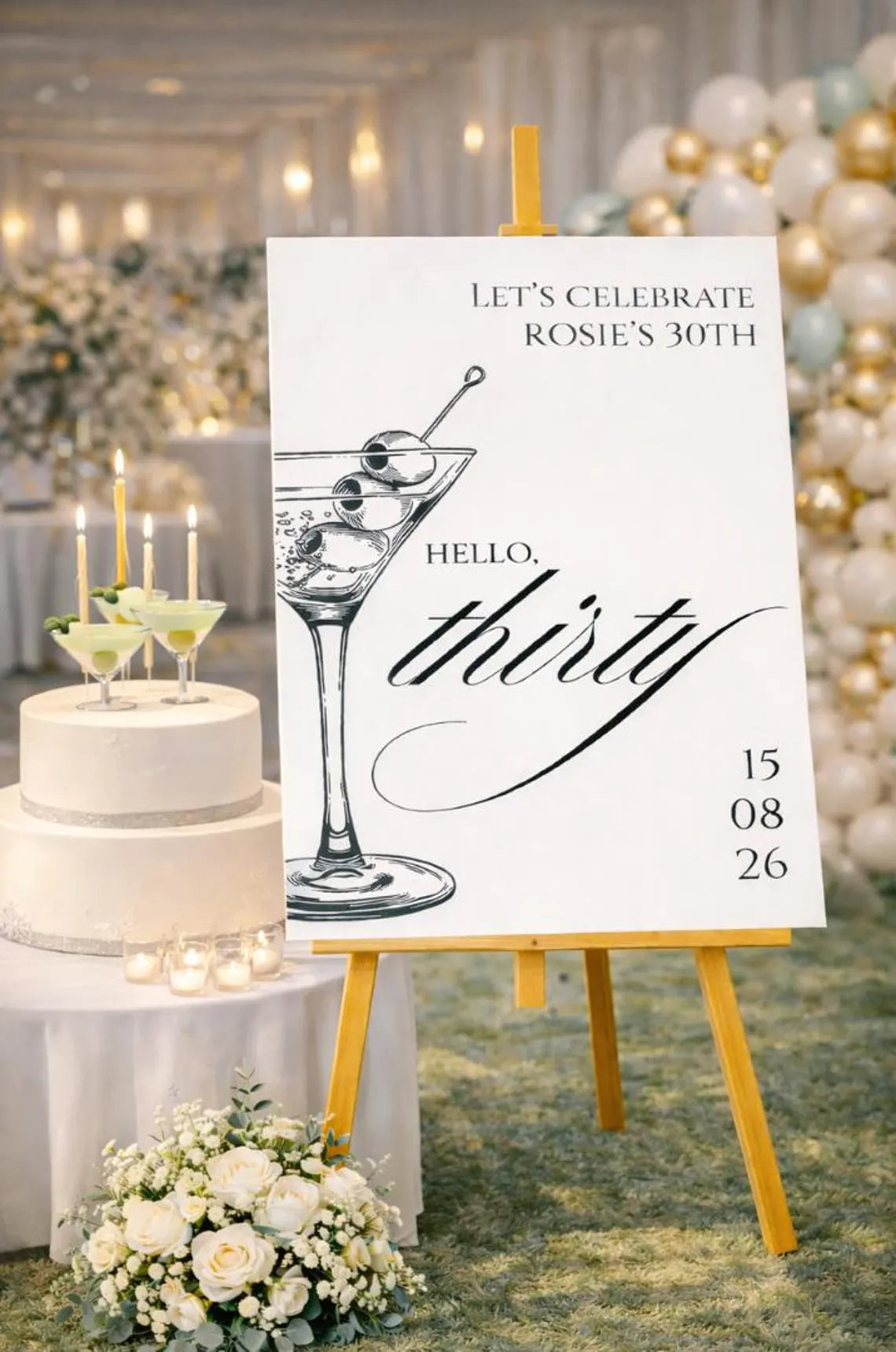 personalised birthday welcome sign: custom martini cocktail party 30th birthday board, indoor celebration