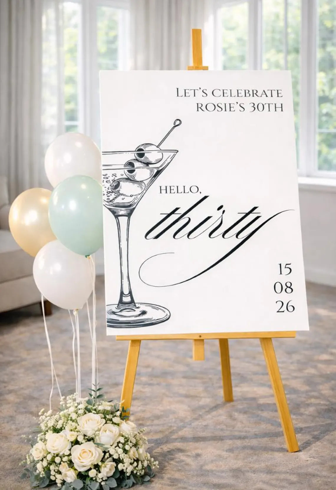 personalised birthday welcome sign: custom martini cocktail party 30th birthday board, indoor celebration