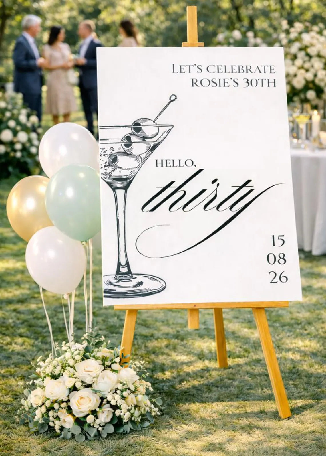 personalised birthday welcome sign: custom martini cocktail party 30th birthday board, indoor celebration