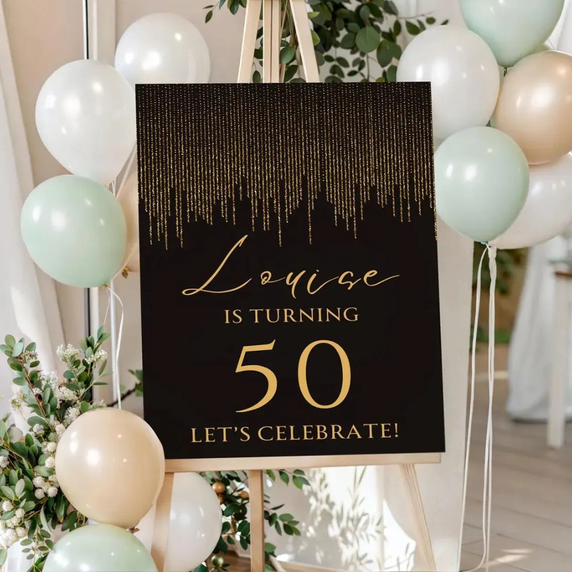 personalised birthday welcome sign: custom milestone birthday board, black & gold glitter decoration