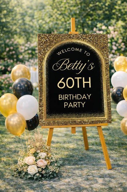 Personalised BIRTHDAY WELCOME Sign: Black Gold Glitter Foam Board Décor