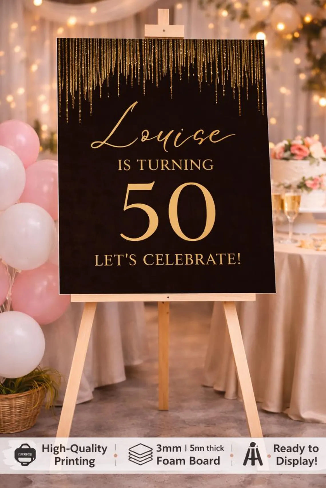 personalised birthday welcome sign: custom milestone birthday board, black & gold glitter decoration