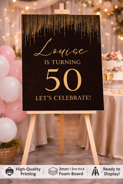 Personalised BIRTHDAY WELCOME SIGN: Custom Milestone Birthday Board, Black & Gold Glitter Decoration