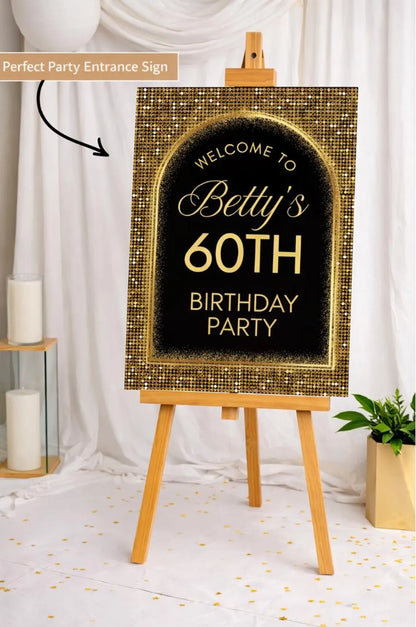 Personalised BIRTHDAY WELCOME Sign: Black Gold Glitter Foam Board Décor
