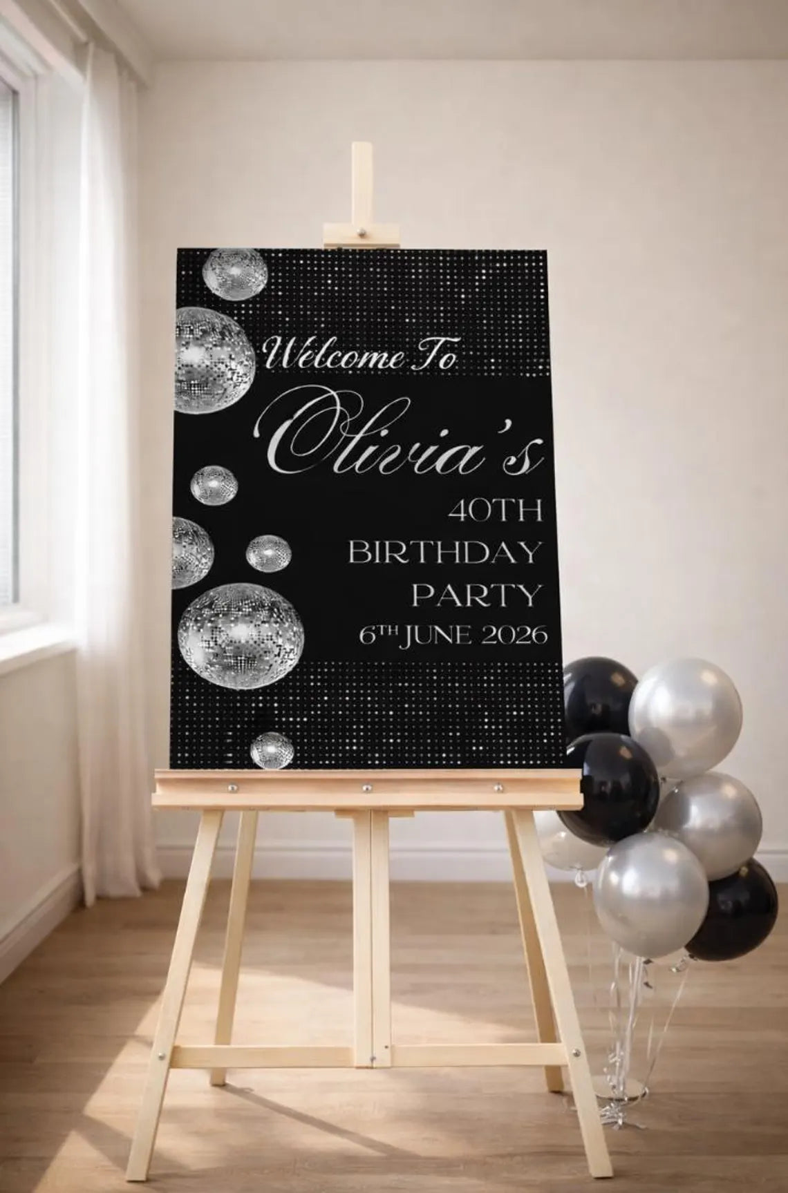 personalised birthday welcome sign: custom silver & black glitter ball birthday board
