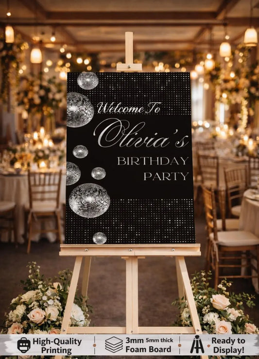 Personalised BIRTHDAY WELCOME SIGN: Custom Silver & Black Glitter Ball Birthday Board