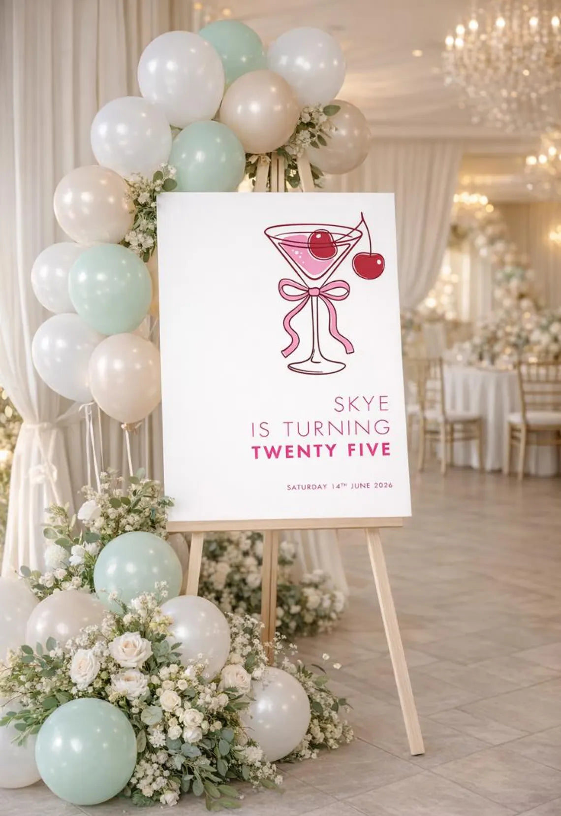 personalised pink martini birthday welcome sign board for milestone party décor