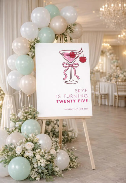 Personalised Pink MARTINI BIRTHDAY WELCOME Sign Board For Milestone Party Décor