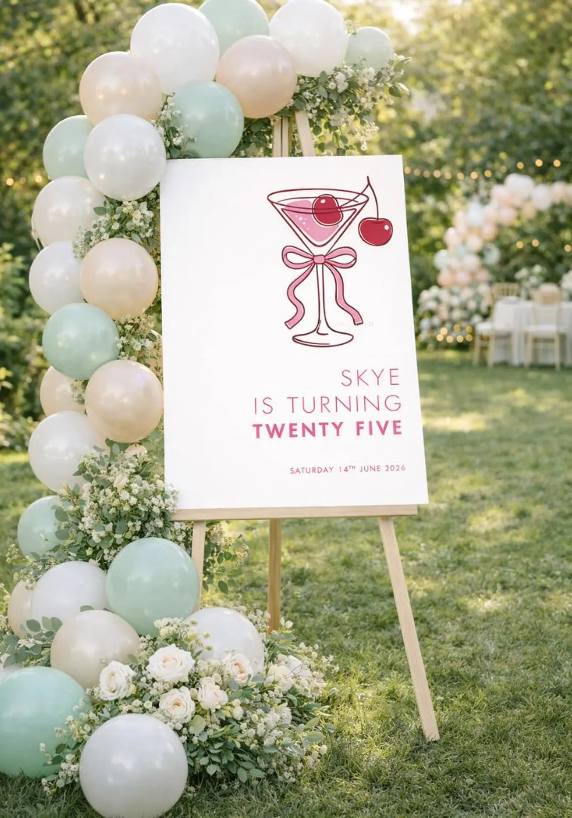 personalised pink martini birthday welcome sign board for milestone party décor