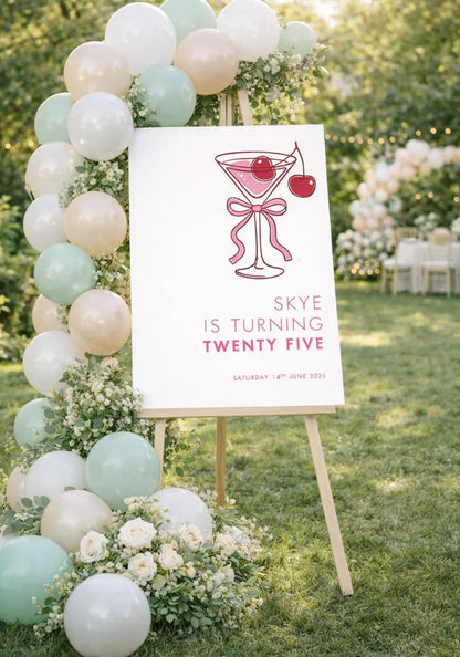 Personalised Pink MARTINI BIRTHDAY WELCOME Sign Board For Milestone Party Décor